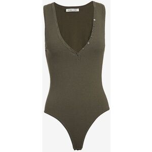 Ronny Kobo Henley Bodysuit in Olive Army Green